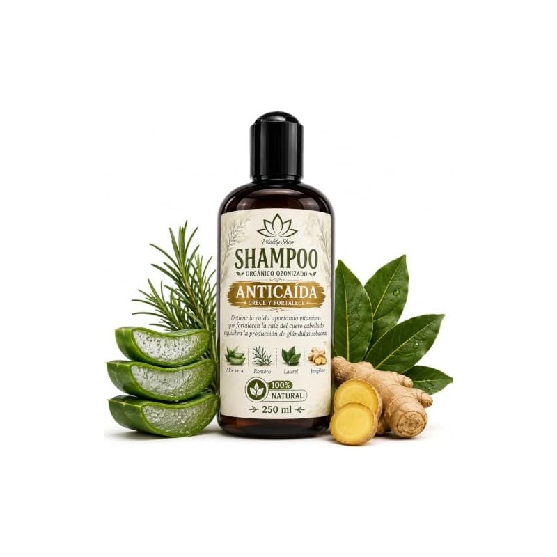 Shampoo anticaída orgánico con romero, aloe vera y vitamina E