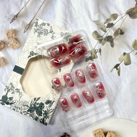 Press on Nails Short Square Artificial Acrylic Nails Wine Red False Nails Irregular Silver Lines Design French Fake Nails Full Cover Glossy Reusable Coffin Nails Glue on Nails for Women Supplies 24Pcs