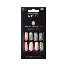 KISS Masterpiece One-Of-A-Kind Luxe Manicure, Premium Acrylic Fake Nails with Pink Gel Nail Glue, Manicure Stick, Mini Nail File, & 30 Glue On Nails Including 12 Accent Nails