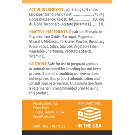 Prime Paws Prime Paws Omega 3 Fish Oil for Dogs - Concentrated Omega 3 Pet Dry Skin Support Formula - Immune & Allergy Skin Health for Dogs - Chews for Large Canines - 90 ct