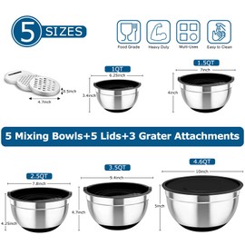 TeamFar Mixing Bowls Set of 5, Stainless Steel Nesting Salad Bowl with Lid & 3 Grater Attachments for Salad Mixing/Food Storage, Healthy, Airtight Lid & Non-slip Bottom - 4.6/3.5/2.5/1.5/1 QT