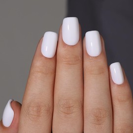 Hrnsnails White Press On Nails, Short Square Glue On Nails with Glossy Designs, Reusable Soft Gel False Nails