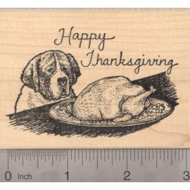 RubberHedgehog Happy Thanksgiving St. Bernard Dog with Turkey Rubber Stamp K19612 WM