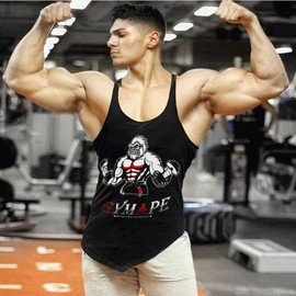 GYMAPE Men's Y-Back Bodybuilding Workout Stringer Tank Tops Muscle Sleeveless T Shirts with Incline Hem Color Black Size M