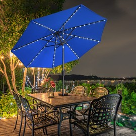 EliteShade USA 10-Year-Non-Fading Solar 9ft Market Umbrella with 80 LED Lights Patio Umbrellas Outdoor Table Umbrella with Ventilation, Royal Blue