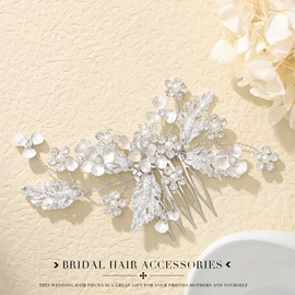Latious Wedding Bride Hair Comb Silver Flower Bridal Hair Side Clip Crystal Hair Pieces Leaves Hair Accessories for Women and Girls