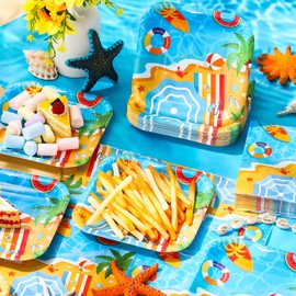Zhehao 72 Pcs Beach Party Supplies Set Serve 36, 7" Square Paper Dessert Plates and Pool Napkins Summer Disposable Dinnerware Decoration for Tropical Hawaiian Birthday Holiday