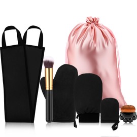 Boao 7 Pcs Self Tanning Mitt Applicator Kit, with Tanning Mitt, Exfoliating Glove, Mini Face Glove, Back Lotion Applicator, 2 Makeup Brushes and Portable Storage Bag for Self Sunless Tanner(Black)
