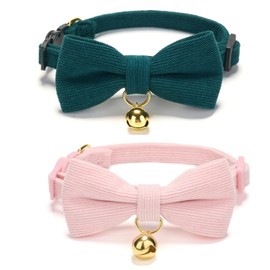 Cute Cat Collars With Bow,Quick Release Safty Buckle with Bells,Soft and Comfy Cordoroy Material in Pink and Green Pack of 2
