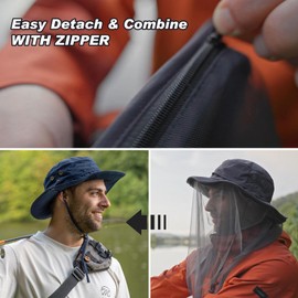 TOP-EX Detachable Net Fly Sun Hats for Men Wide Brim Fishing Bucket Boonie UV Protection UPF50+ Waterproof Summer Large X-Large L XL Dark Grey