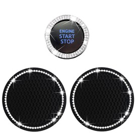 2 Car Cup Holder Coaster and 1 Crystal Rhinestone Engine Push Start Stop Button Cover Decoration, Interior Accessories for Women, Sticker Bling Ignition Ring (Blingblack)