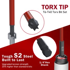 XOOL 13-Piece Long Torx Bit Set, 6-Inch (150mm), T6-T40, Magnetic S2 Steel, 1/4" Hex Shank, CNC Precision Tips for Impact Drivers, Drills, and Screwdrivers
