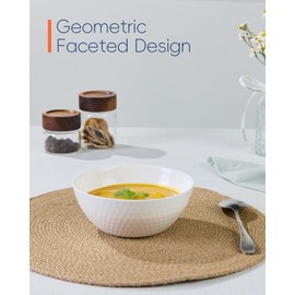 LaGlint 20 OZ White Opal Glass Cereal Bowl Set of 6, 6 inch Dishwasher & Microwave Safe Round Geometric Faceted Bowls for Kitchen, Salad, Soup and Rice