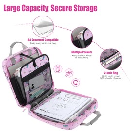 MoKo Zipper Binder, 2 Inch 3 Ring Binder with 500 Sheets Capacity & Shoulder Strap & Handle, Multi-Pocket Zipper Bag Organizer for Middle School, Unicorn Pattern