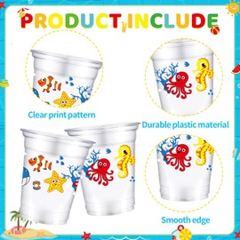 WPDISCZ 50Pcs Under the Sea Party Decorations Cups, Under the Sea Ocean Animals 12 oz Disposable Plastic Cups for Baby Shower Ocean Bachelorette Summer Birthday Party Favor Decorations Supplies