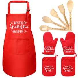 Nuogo 10 Pcs Birthday Gifts for Grandma, Grandma Kitchen Gifts from Grandkids Cooking Bamboo Spoons with Apron Oven Mitts and Potholders, Mother's Day Gifts for Women from Son Daughter Husband
