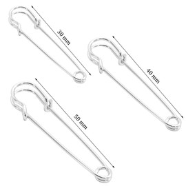 Safety Pins, Pack of 30 Strong Metal Ceiling Pins for Jewellery Crafts, Silver (30 mm / 1.18 inches, 40 mm / 1.57 inches and 50 mm / 1.96 inches)