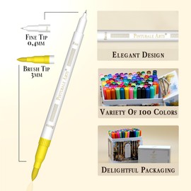 Pinturale Arts 100 Dual Brush Pen Set, Felt Tip Pens, Double-Sided, Thick and Thin, for Lettering, Mandalas, Illustration, Drawing, Brush Pen Set