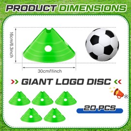 ShinyRelief 20 Pieces Jumbo Disc Cones Jumbo Soccer Cones with Mesh Bag Giant Large Agility for Soccer Training Adult Sports (Green)