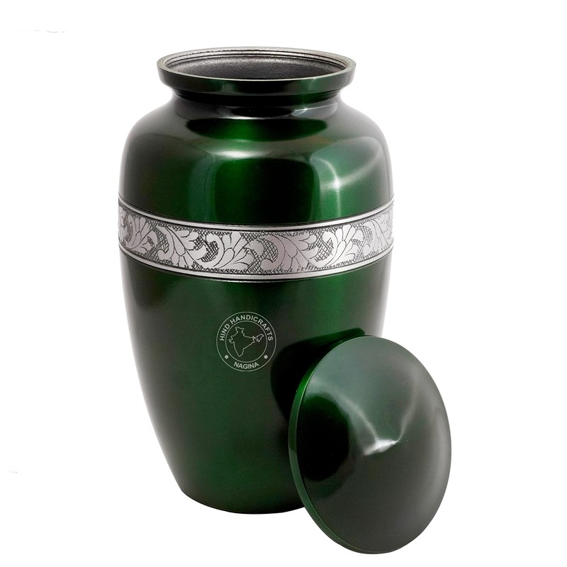 Silver Engraved Cremation Urn for Human Ashes | Green Aluminum