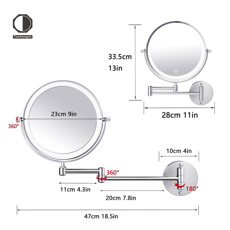 9 Inch Large Rechargeable Lighted Makeup Vanity Mirror Wall Mounted,