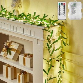 KAiSnova 20FT 60LED Vine with Fairy Lights Battery Operated, Warm White Olive String Lights with Remote, Simulated Leaf Lights for Room Garden Party Wedding Swing Stand Stair Banister and Wall