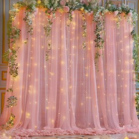 10x10ft Dusty Rose Tulle Backdrop Curtain with Lights String for Parites, Sheer Backdrop Curtains for Wedding Baby Shower Birthday Party Photo Shoot Decorations