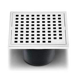 QM Square Shower Drain, Removable Grate made of Stainless Steel Marine 316 and Base made of ABS, Lagos Series Mira Line, 4 inch, Polished Finish, Kit includes Hair Trap/Strainer and Key