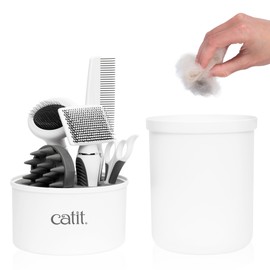 Catit Grooming Kit for Shorthaired Cats. Canister includes 5 Tools; Rubber Palm Brush, Nylon Slicker Brush, Metal Slicker Brush, Fine Comb and Curved Nail Clippers, White, Black, Grey