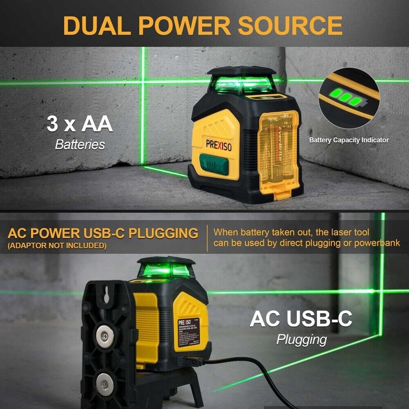 PREXISO 360 Laser Level 100Ft Dual Power Self Leveling Cross