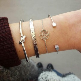 Xerling 4 pcs Bangle Silver Bracelets for Women Girls Knot Hollow Tree Open Cuff Bracelet Set Adjustable Multiple Stackable Wrap Bangle Jewelry