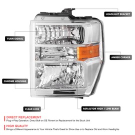 DNA MOTORING OE Style Front Left Headlight Compatible With 08-14 E150 E250 08-21 E350SD E450SD 16-21 F650 F750, OEM-HL-0346-L