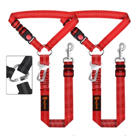 Removable Dog Seat Belt Harness for Car, 3 in 1 Pet Dog Car Seatbelt Leash, Retractable Restraint Secures to Vehicle Headrest & Adjustable Reflective Bungee Dog Seatbelt Tether, Red