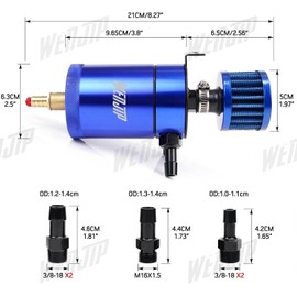 WENJTP Oil Catch Can Kit with 4 Adapters + Breather Filter Drain Valve Plug 2 Ports (1 oulet + 1 inlet) 150ml Universal Aluminum Baffled Oil Reservoir Tank Oil Separator HTRACING (Blue)