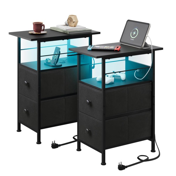 WLIVE Nightstand Set of 2 with Charging Station, End Table