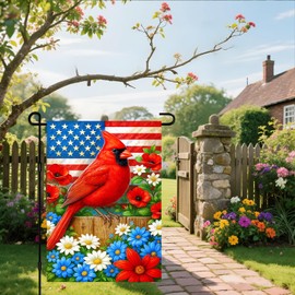 IVN Patriotic Garden Flag 12x18 Inch Double Sided Red Cardinal Bird With American Flag Flowers Outdoor Yard Lawn Courtyard Garden Decor For July 4th Independence Day Home Porch Seasonal Patriotic Decoration