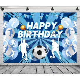DePhoto 7x5FT Soccer Birthday Backdrop Running Blue Soccer Bckdground for Boys Sports Party Theme Decorations Photoshoot Photo Props Background Vinyl
