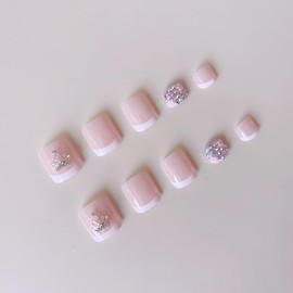 White French Tip Press On Toenails Short Square Fake Toes with 3D Crown Design Flower Rhinestone Glue on Toe Nails Shiny Bling Summer False Toenails Reusable for Women Girls Foot Manicure 24pcs