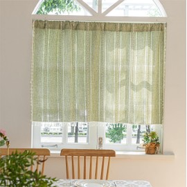 Sutuo Home Green Boho Curtain 52W x 36L inch White Striped Light Filtering Short Valance Tier, 1 Panel Embroidery Bohemian Farmhouse Country Kitchen Window Treatment Decor for Small Closet