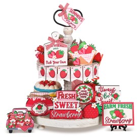 15 Pieces Summer Tiered Tray Decor Set Farmhouse Summer Wood Sign Rustic Beach Tiered Tray Decorations for Home Kitchen Table Shelf (Strawberry)