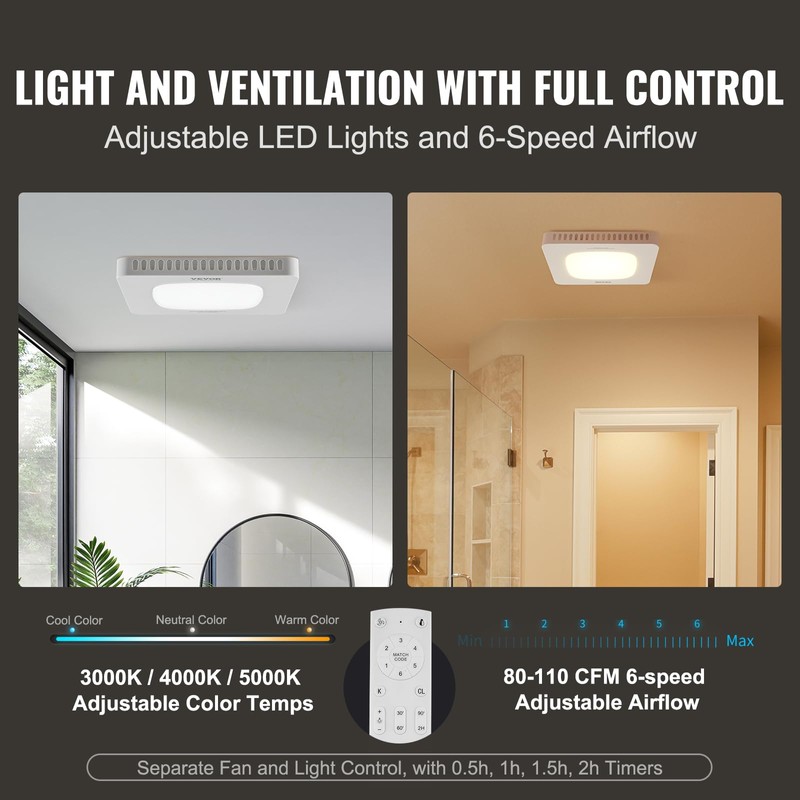 VEVOR Bathroom Exhaust Fan, 110 CFM High-Efficiency Ventilation, Remote Control,