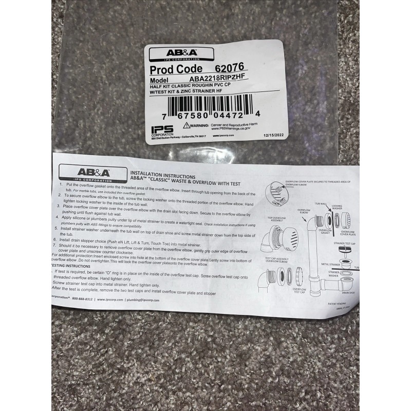 AB&A Waste and Overflow Rough-In Half Kit PVC ABA2218RIPZHF 62076