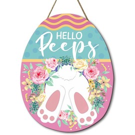 Ymaotrade Hello Peeps Wooden Hanging Sign 10×12.5in Colorful Bunny Rabbit Sign Door Decoration Rustic Easter Egg Wood Wreath for Easter Spring Holiday Home Coffee Shop Bakery Farmhouse Window