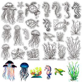 CRASPIRE 2 Sheets Sea Animal Clear Rubber Stamps Transparent Silicone Seal Ocean Clears Stamp for Card Making Marine Fish Turtle Seahorse Sealing DIY Scrapbook Photo Album Decor Reusable Crafting