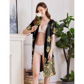 Ekouaer Women Robes Lightweight House Coat Short Sleeve Floral Print Mumu House Dresses with Pockets Zipper Nightgowns