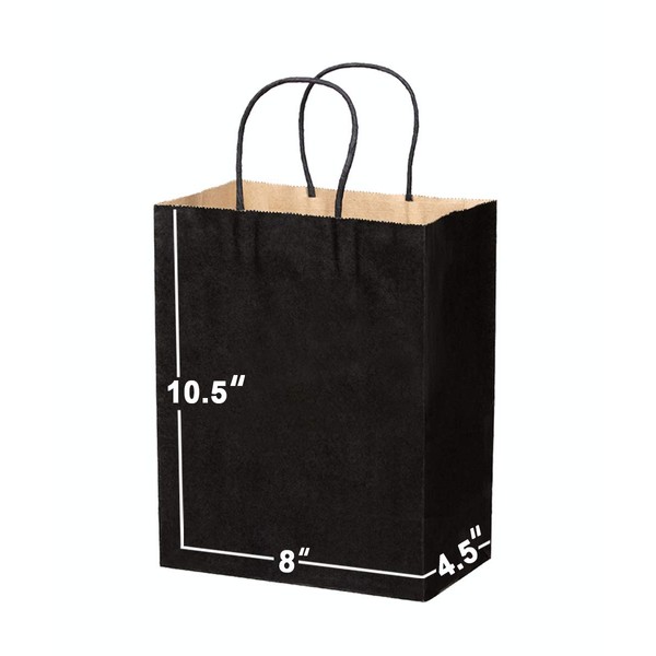 Paper Bags with Handles Bulks 8 X 4.5 X 10.5 [100 Bags]. Ideal for Shopping, Packaging, Retail, Party, Craft, Gifts, Wedding, Recycled, Business, Goody and Merchandise Kraft Bag (Black)
