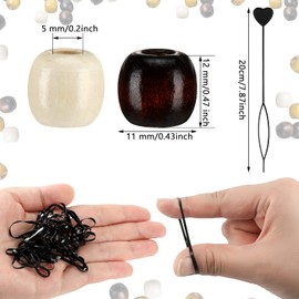663 Pieces Wooden Hair Beads Set Including 160 Barrel Wood Beads European Wood Loose Beads, 500 Black Elastic Hair Bands with 3 Quick Beader (Black, Light Brown, White, Brown,0.43 x 0.47 x 0.2 Inch)