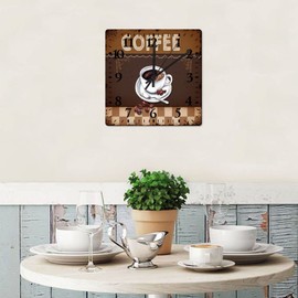 Coffee Small Wall Clock 12 Inch, Coffee Bar Bedroom Clock Battery-Powered with Quartz Movement Square Arabic Numeral Clock for Dining Room Decor