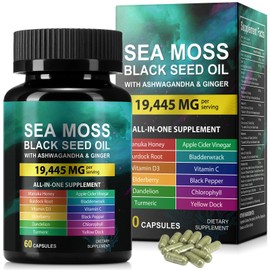 Sea Moss Black Seed Oil Ashwagandha Ginger, Sea Moss Capsule Supplement with Turmeric Bladderwrack Burdock & Vitamin C Vitamin D3, Enhanced Immunity & Energy, 60 Capsule