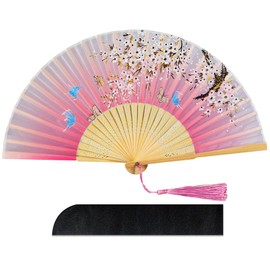 Raveahem Folding Silk Bamboo Hand Fan for men/women Chinese/Japanese Craft Handheld Fan for Gift,Dance,Festival,Club,Freaky,Event,Party,Decoration (Pink Butterflies In Flowers-2)
